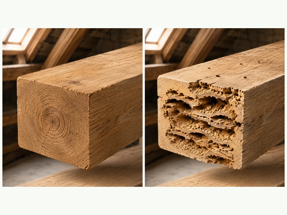 Comparaison bois sain et bois attaqué dans une charpente