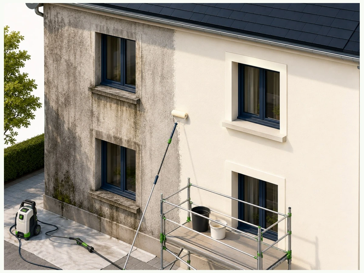Ravalement façade avec nettoyage et contraste avant après