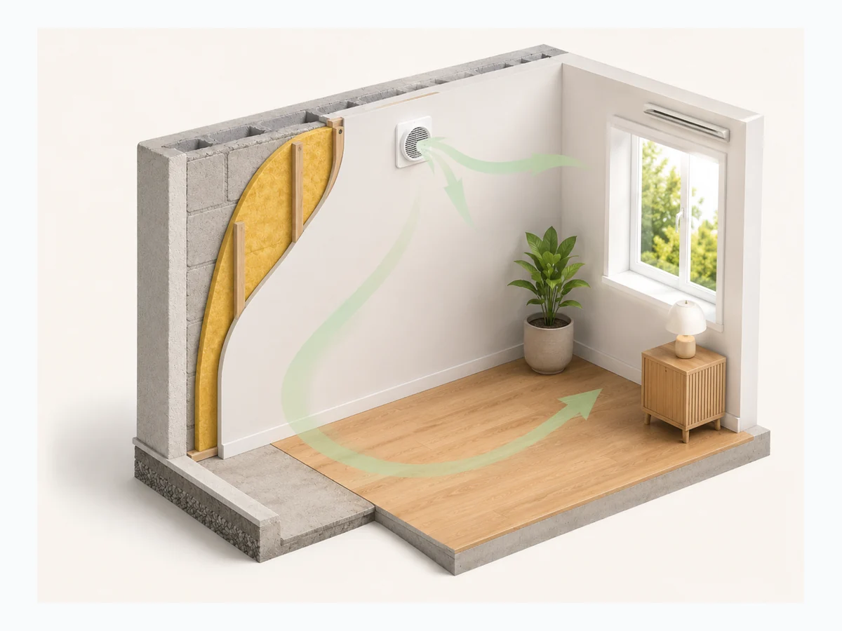 Ventilation après isolation intérieure : pièce isolée avec circulation d’air VMC VMI