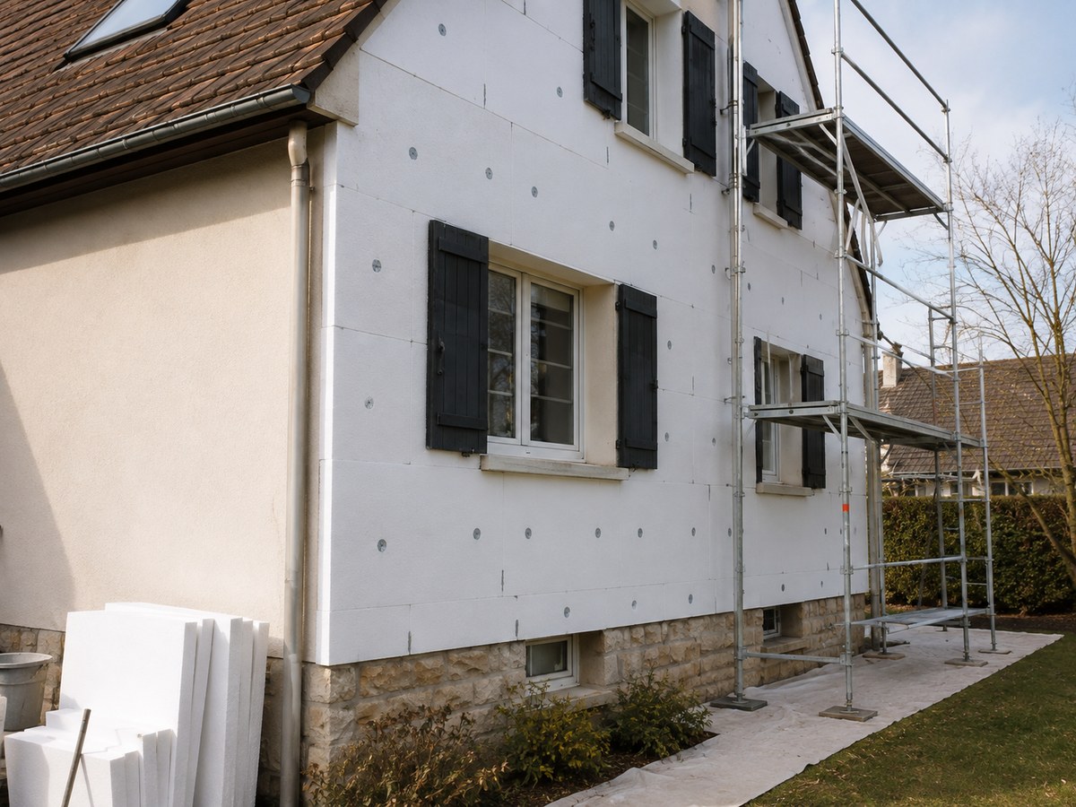 Chantier réaliste d’isolation extérieure sur façade de maison à Gisors