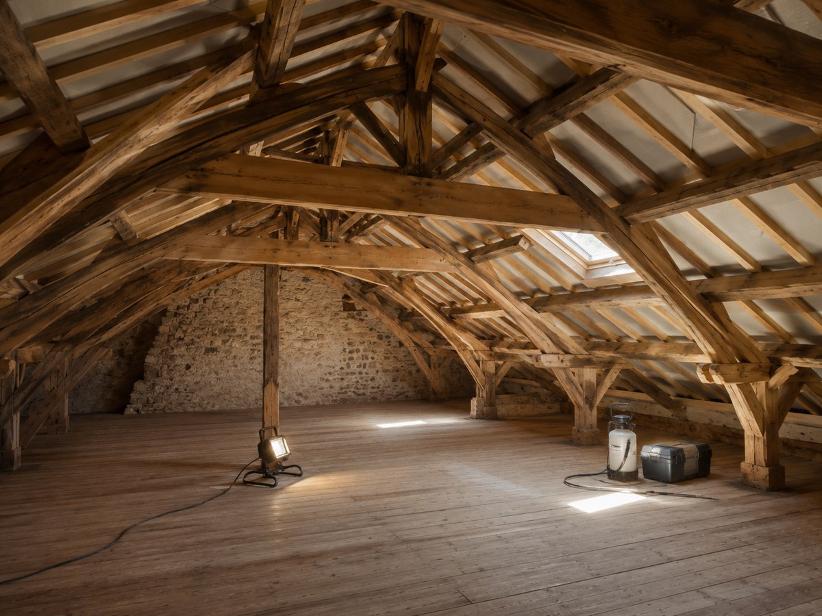 Charpente bois propre dans des combles de maison française à Gisors