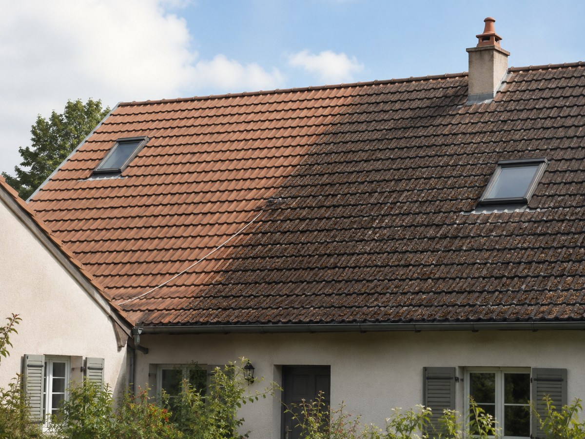Toiture en tuiles nettoyée ou traitée avec rendu réaliste à Cergy