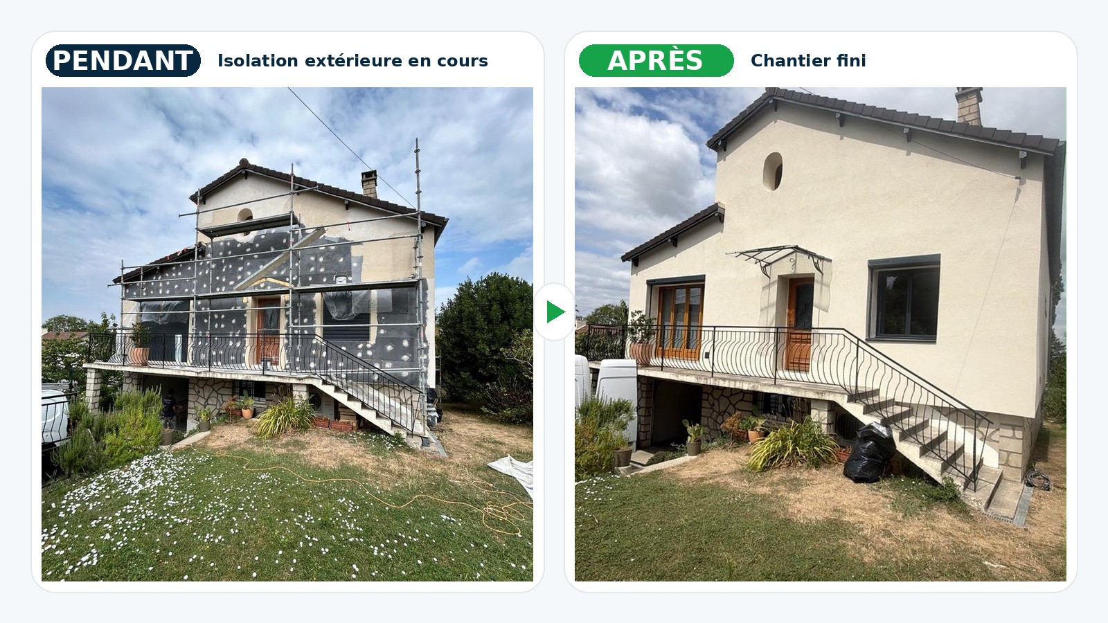 Montage pendant après isolation extérieure ITE dans le Val-d’Oise : chantier en cours puis façade finie
