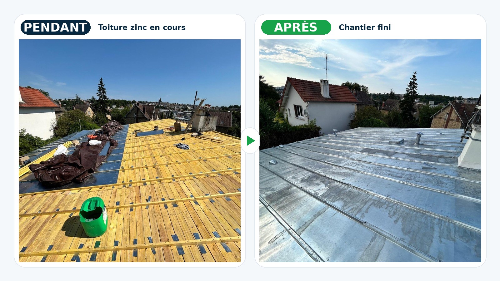 Montage pendant après changement de toiture zinc à Pontoise : chantier en cours puis toiture finie