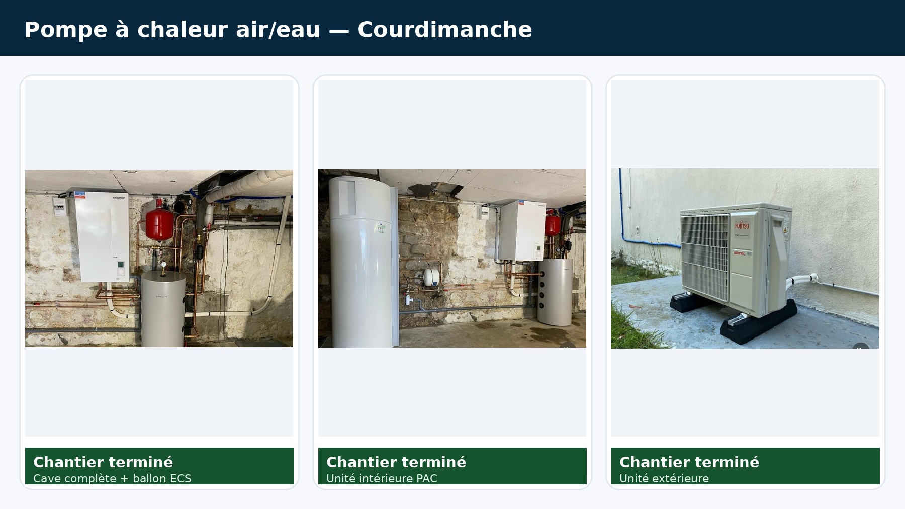 Réalisation PAC air/eau Courdimanche : cave, ballon et unité extérieure