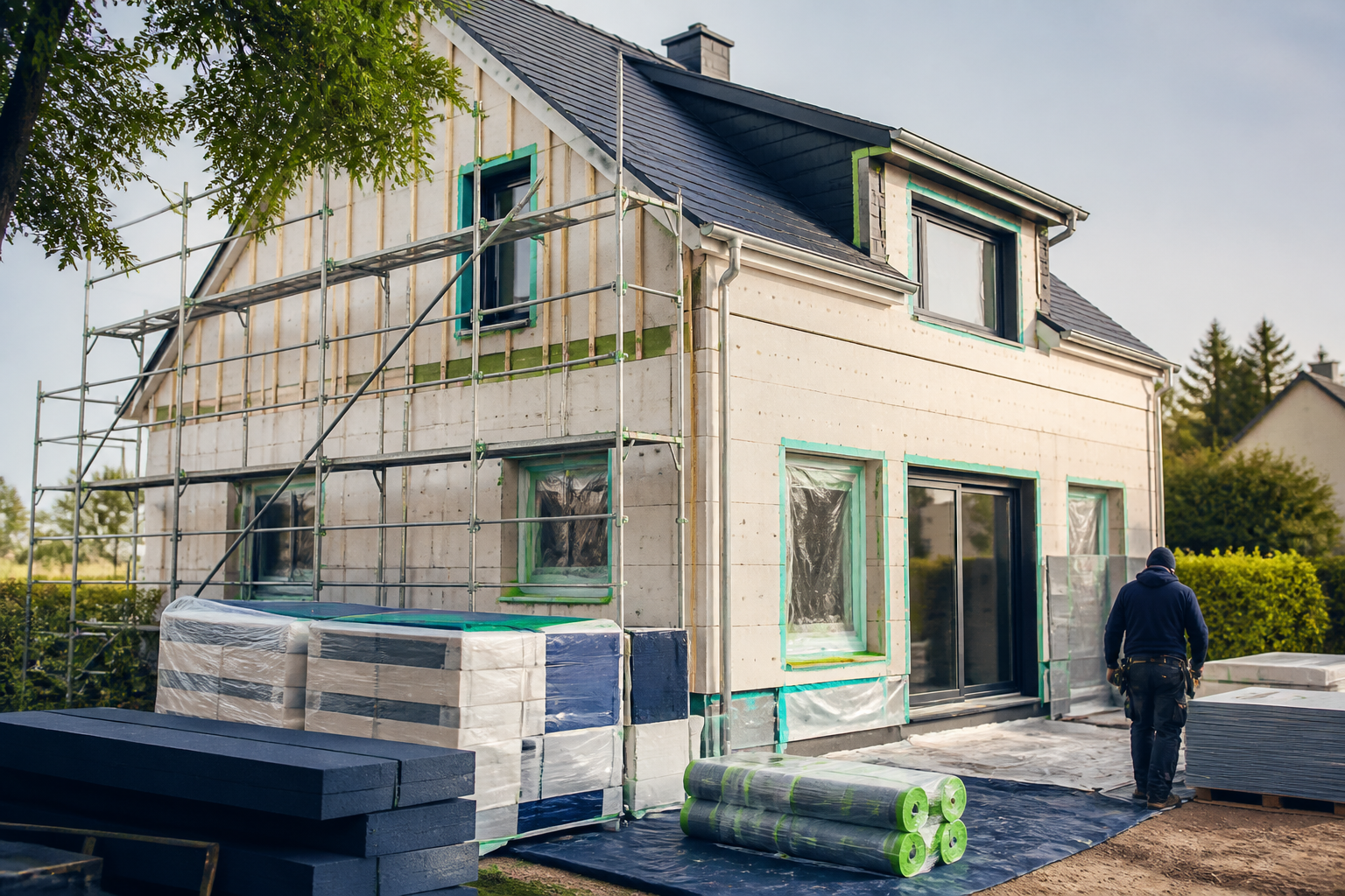 Maison en rénovation globale avec isolation extérieure en cours - illustration DDH