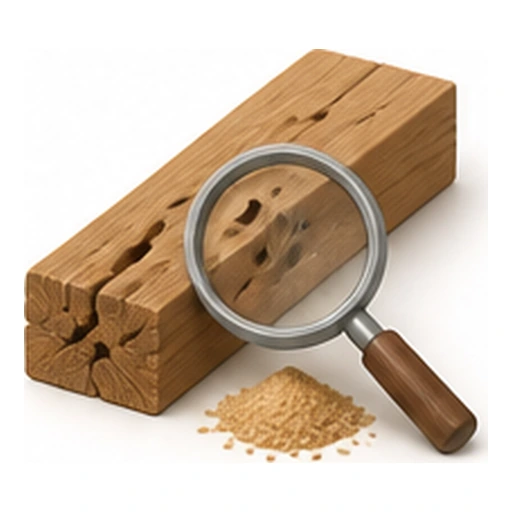 Illustration 3D : trous et sciure dans une pièce de bois observée à la loupe.