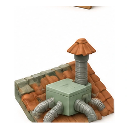 Illustration 3D : cheminement de gaines de ventilation vers un rejet en toiture.