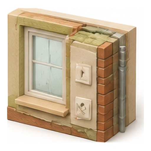 Illustration 3D : raccord entre une fenêtre, un mur et les couches d’isolation.