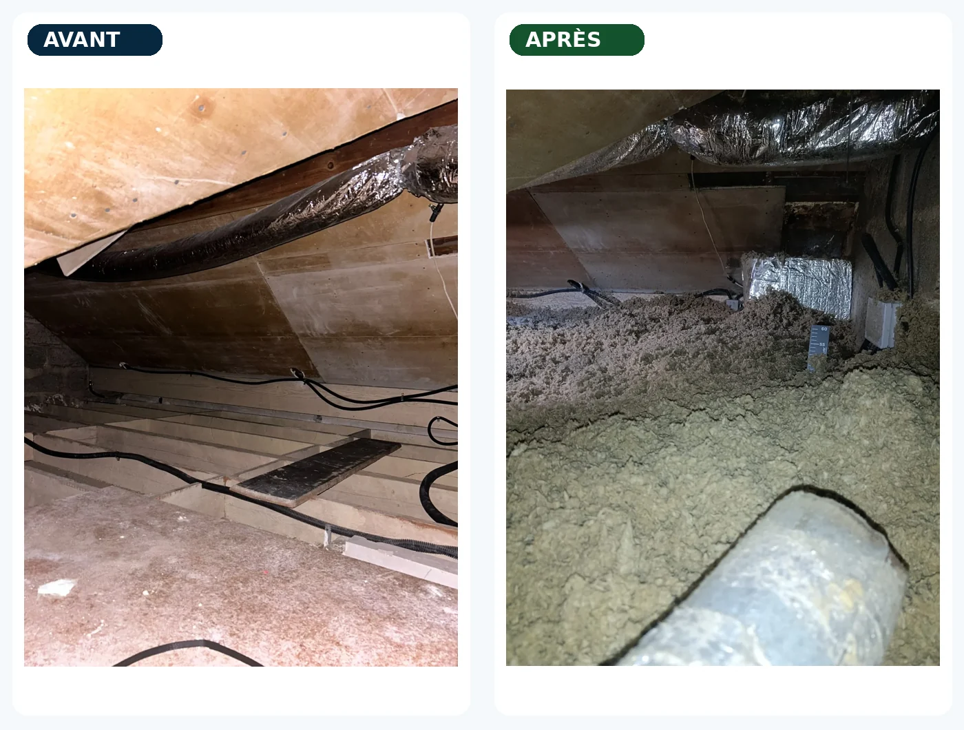 Avant et après isolation des combles par soufflage à L’Isle-Adam, photos réelles du chantier DDH