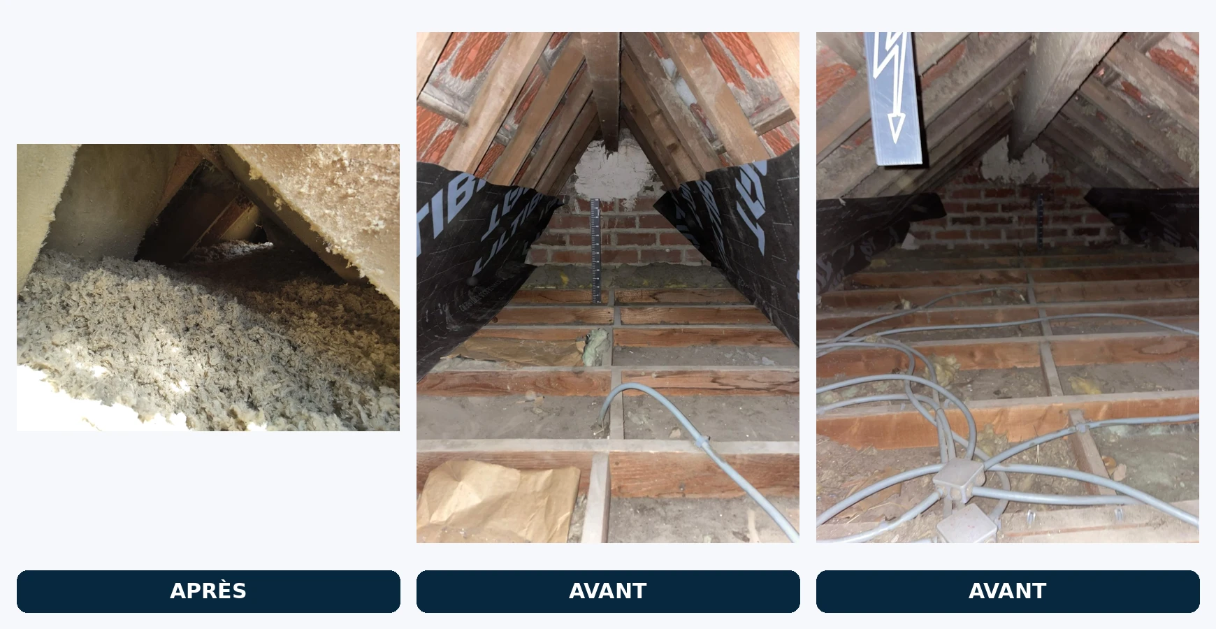 Isolation des combles à Mantes-la-Jolie : après soufflage et deux vues avant travaux