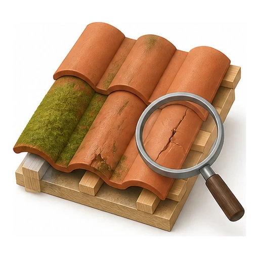 Illustration 3D : mousses et tuile fissurée observée à la loupe avant nettoyage.