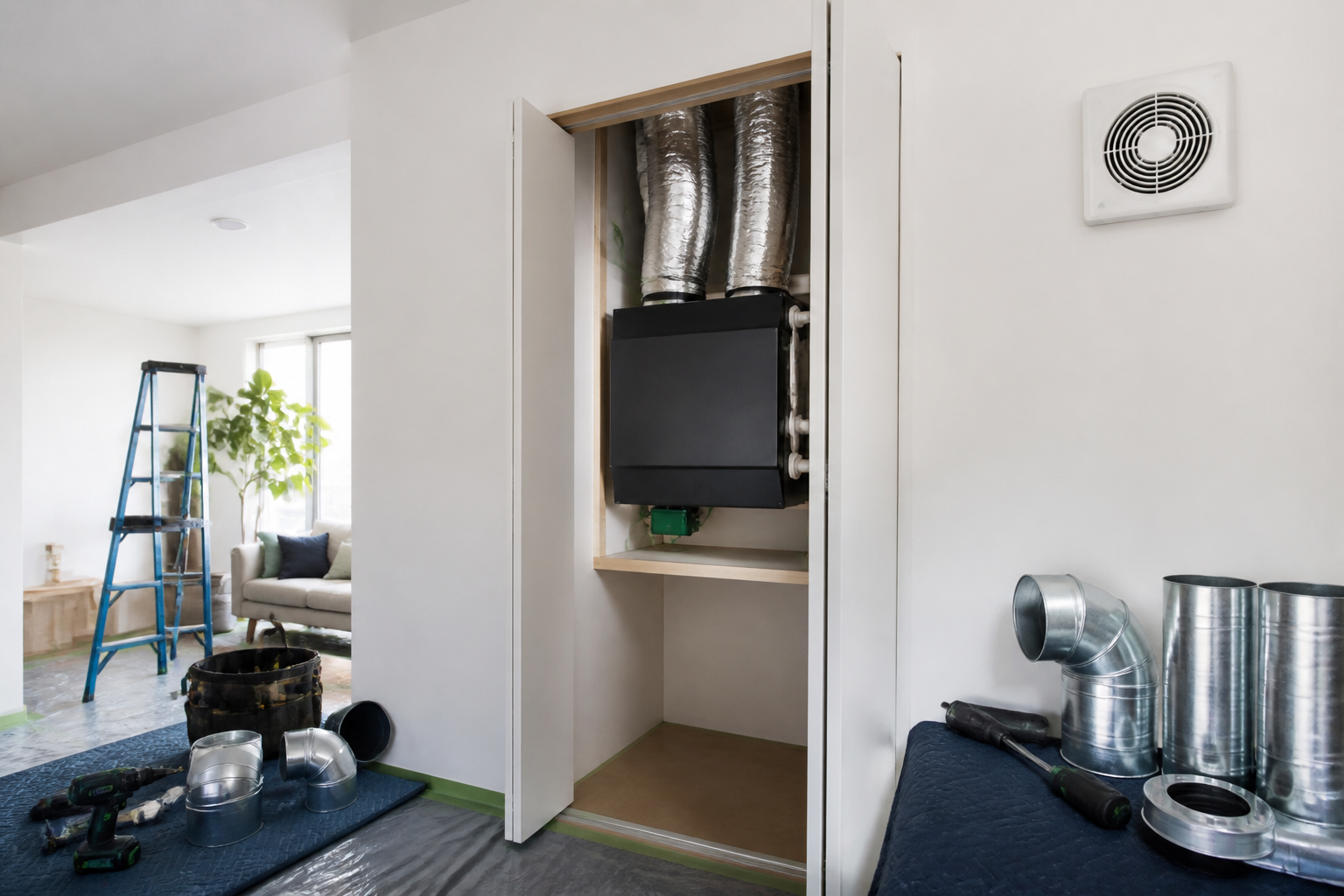 Illustration d’installation de VMC/VMI en cours dans un logement rénové - visuel généré DDH